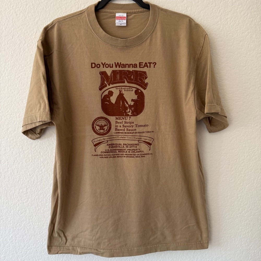 United Athle T-Shirt Mens XL MRE Menu 7 Beef Strips Graphic Tee Tan 5001-01